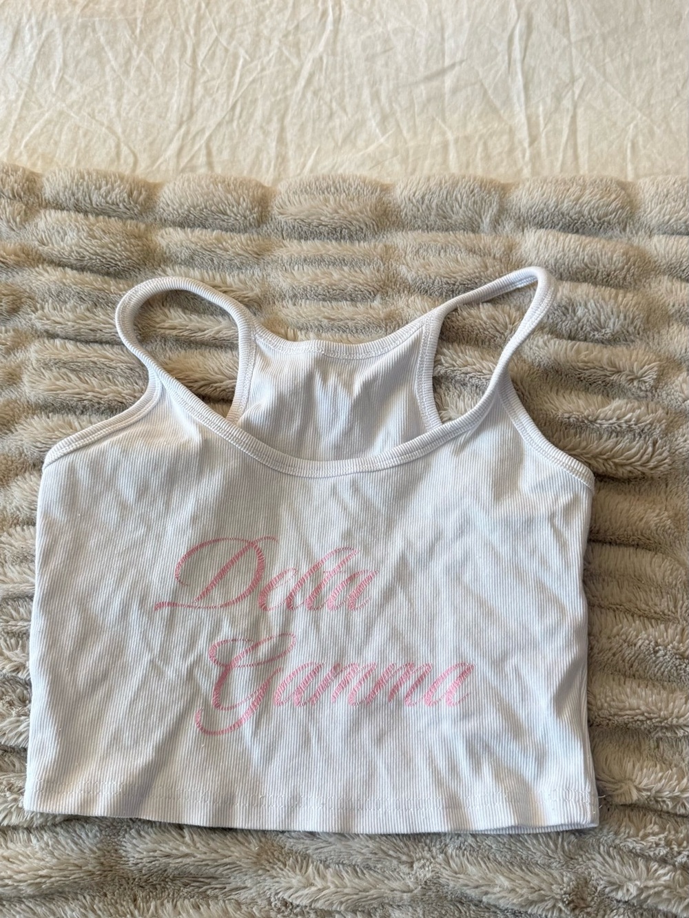 Delta Gamma White Ribbed Cropped Tank with Pink Script